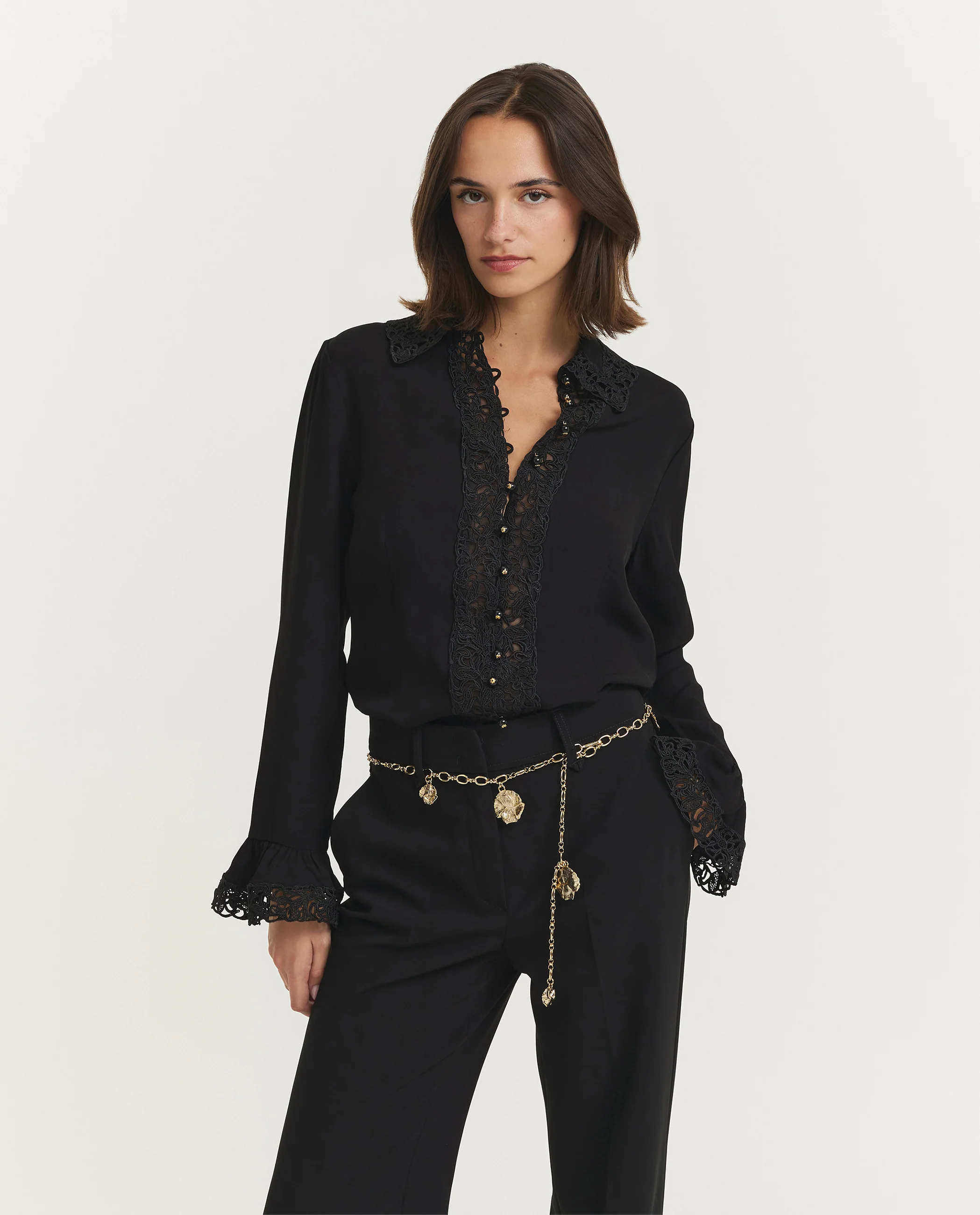 Lace Trimmed Shirt - Zwart